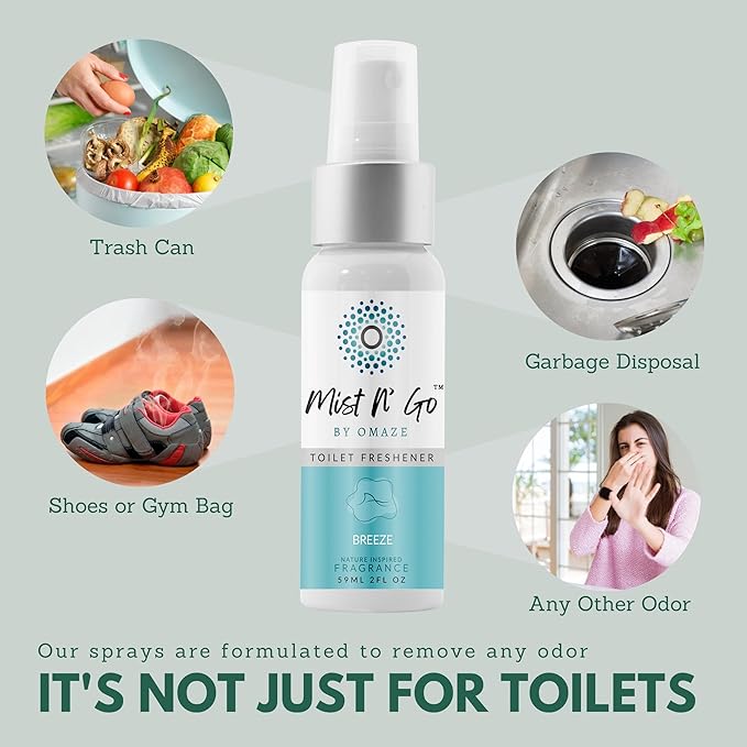 Mist N’ Go by Omaze Travel Bathroom Spray for Toilet Spray Odor Eliminator - Travel Toilet Spray for Bathroom Air Freshener Spray for Bathroom Deodorizer - Breeze Regular Size (2oz x3)