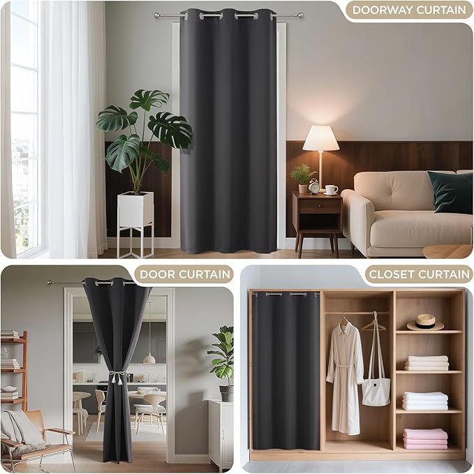 Joydeco Blackout Door Curtain for Doorway Privacy 90 Inches Long, Grommet Closet Curtain for Open Closet, Room Divider for Bedroom Living Room (Grey, 52Wx90L, 1 Panel)