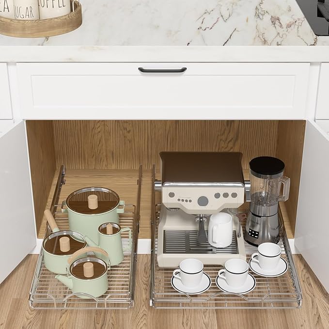 OCG Pull Out Cabinet Organizer (12" W x21 D), Pull out Shelves for Kitchen Cabinets, Slide Out Drawers for Base Cabinet Organization in Kitchen Bathroom Pantry, Bottom Mount, Chrome Finish