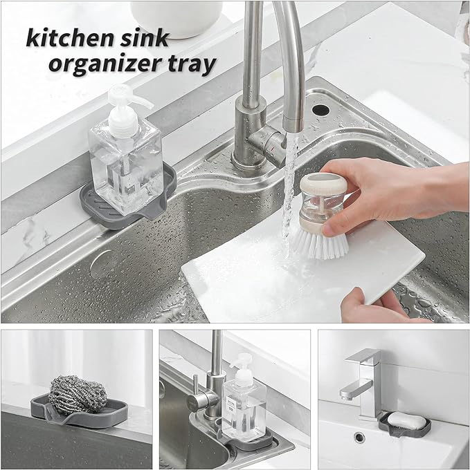 Silicone Bathroom Soap Dishes with Drain Spout-Bathroom and Kitchen Sink Organizer,Sponge Holder,Dish Soap Tray,Perfect for Dispenser,Scrubber,Bottle,Cup on Sink or Counter-Grey 4.9"×3.2"