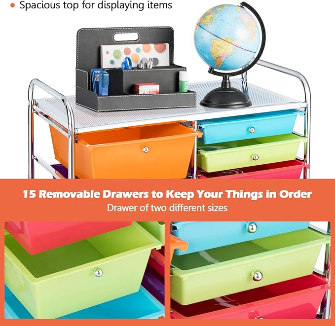 GOFLAME 15-Drawer Rolling Storage Cart, Multipurpose Movable Organizer, Utility Cart for Home, Office, School, Multicolored