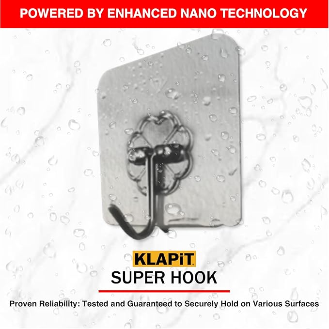 KLAPiT Super Hook - Heavy-Duty Adhesive Wall Hooks, Holds Up to 11 lbs, Waterproof, No Damage, Easy Install on Tile, Wood, Stone, Glass & Metal - Made of Steel (Clear, 24pc)