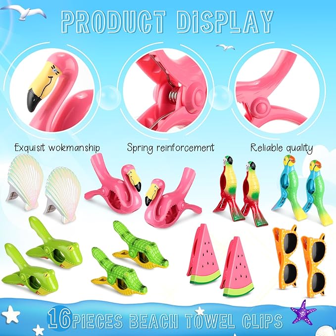 Rtteri 16 Pcs Beach Towel Clips for Beach Chairs Cute Towel Holder Cruise Clothes Pins for Lounge Chair Patio Pool, Assorted Style(Cute)