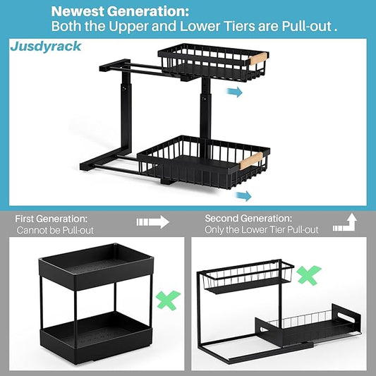 1 Packs 2 Tier Under Sink Organizers, Sliding Pull Out Cabinet Organizer Storage Shelf, Metal Drawer for Kitchen, Bathroom, Pantry Closet Organization Rack,Black
