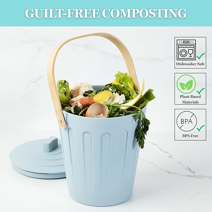 Martha Stewart Indoor Compost Bin | Countertop Composting Bucket for Kitchen | .7 Gallon Capacity | Includes Filter | Plant Based Materials | Sage Green