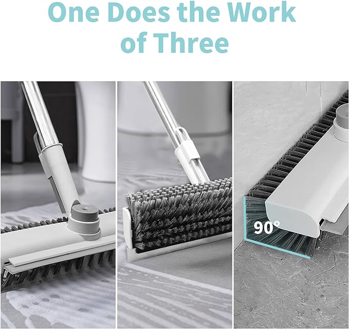 Floor Scrub Brush with Long Handle, 3 in 1 Scrape and Heavy-Duty Stiff Bristle Scrubber Brush for Cleaning Shower Bathroom, Patio, Garage, Kitchen, Wall and Deck (White, 1 Pack)
