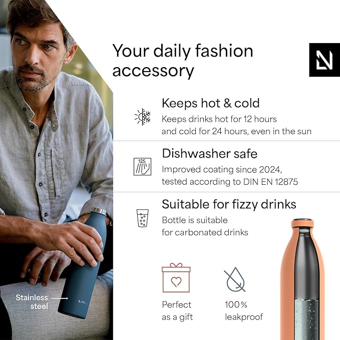LARS NYSØM Stainless Steel Insulated XL Water Bottle 12oz 17oz 25oz 34oz 51oz | Insulated Thermo Flask for Hot and Cold Beverages | Leakproof Drinking Bottle (Pumpkin Orange, 50.7 oz)