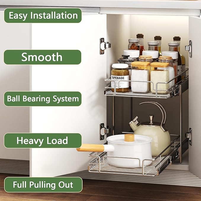 2 Tier Individual Pull Out Cabinet Organizer 10½" W x 21½" D, Heavy Duty Cabinet Pull Out Shelves, Slide Out Drawers Organization for Kitchen Cabinets Bathroom