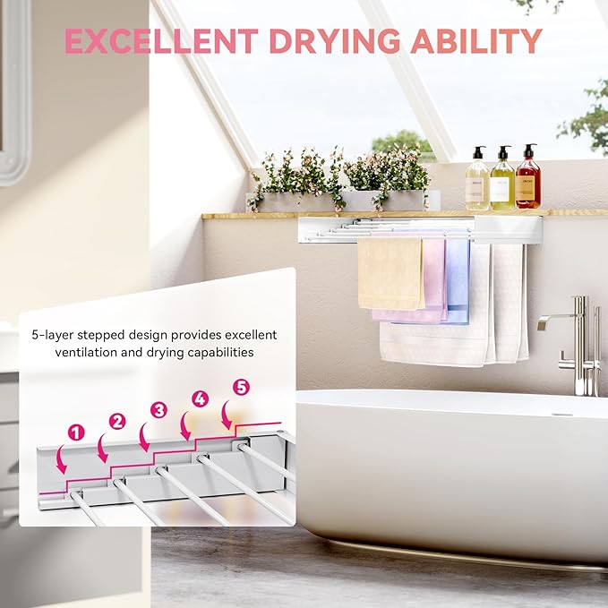 APEXCHASER Wall Mounted Clothes Drying Rack, Laundry Drying Rack Retractable, Towel Racks for Bathroom Balcony Laundry Room Wall Mounted, Foldable Drying Rack for Clothing, 31.5", White