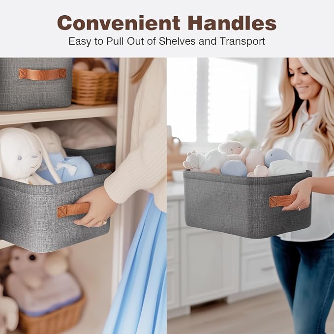 Large Storage Baskets for Shelves 3 Packs, Fabric Storage Bins for Shelves with Handles, 13.8'' L ×10.2'' W × 6.7'' H Collapsible Baskets for Organizing Clothes, Toy, Grey