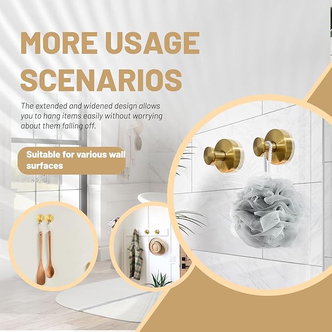 4 Pcs Suction Cup Hooks for Shower，Removable Hooks，Towel Hook，Suction Hook for Bathroom, Bedroom, Glass Window (Gold)