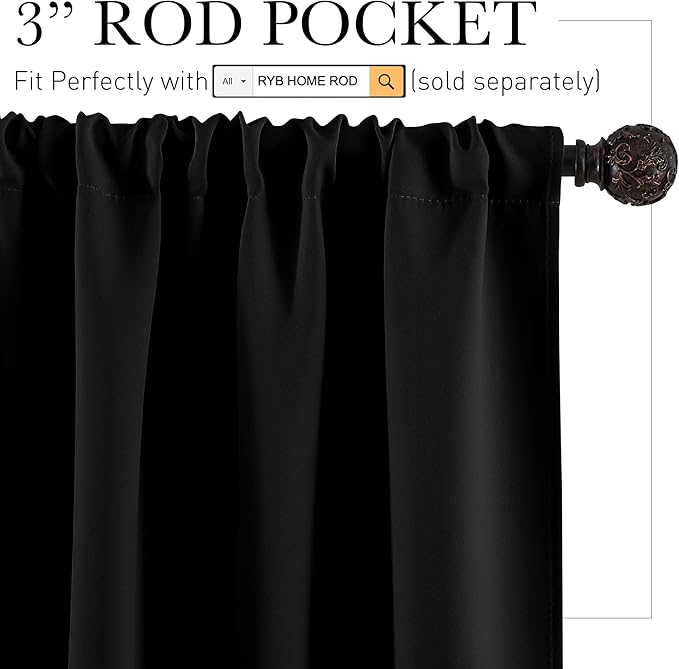 RYB HOME Black Living Room Curtains 63 inch Length, Blackout Energy Efficient Window Covering Heavy Duty Vertical Privacy Drapes for Nursery Girls Room Classroom W42 x L63 inch, 2 Panels