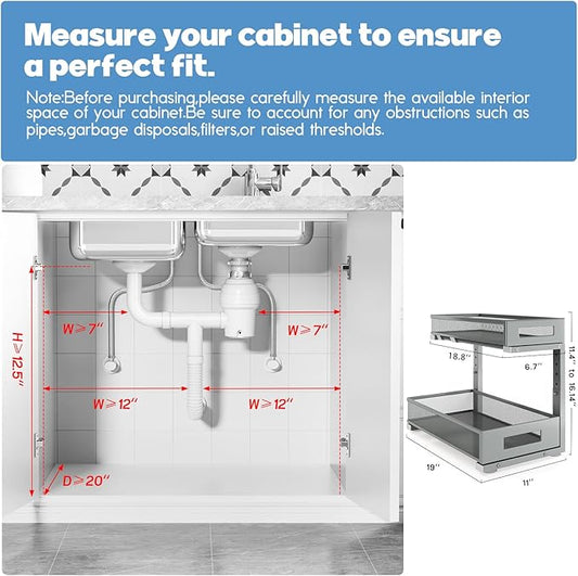 1 Pack 19IN Depth Under Sink Storage Organizer, Large 2-Tier Elegant Mesh Pull Out Shelf for Kitchen and Bathroom Cabinet Organization, L-Shaped and Adjustable Height Design-Gun Gray