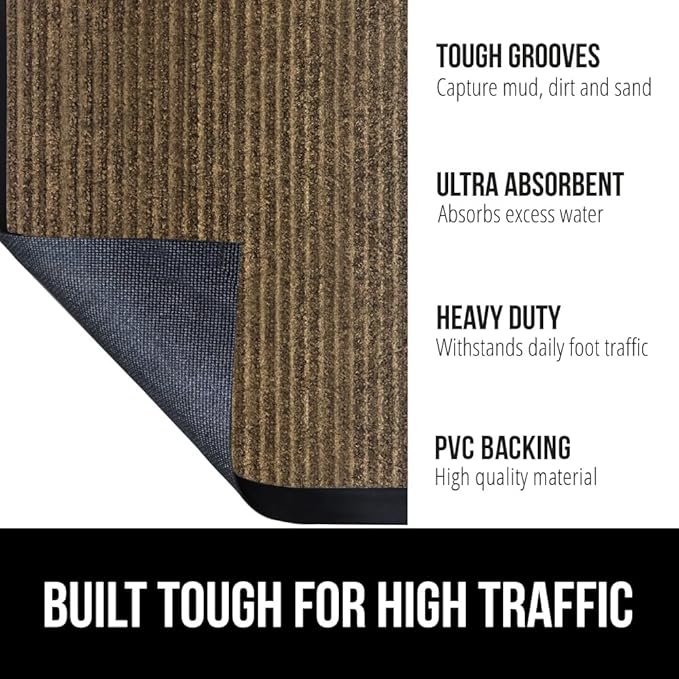GORILLA GRIP Traffic Guard Door Mat, Heavy Duty Welcome Mats, Commercial Office Space Doormat, Waterproof, Fade Resistant, Strong Rubber Backing, Low Profile, Shoe and Boot Scraper, 29x17, Brown