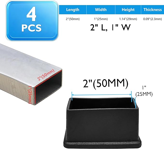 4 Pcs 1" x 2" Rectangular Rubber Chair Leg Caps, PVC Table Leg Covers, Flexible & Anti-Slip Furniture Leg End Caps, Chair Leg Floor Protectors for Bar Stool Leg Patio Indoor, Black