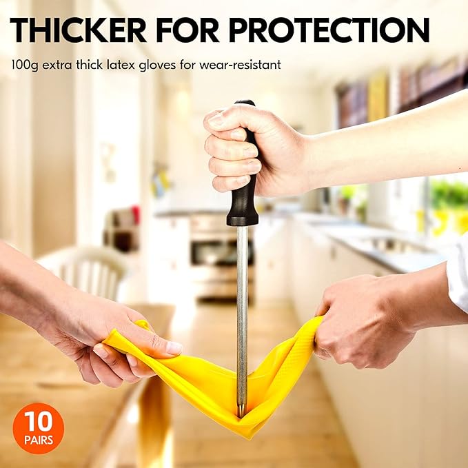 Vgo... 10-Pairs Reusable Household Gloves, Rubber Dishwashing gloves, Extra Thickness, Long Sleeves, Kitchen Cleaning, Working, Painting, Gardening, Pet Care (Size XL, Yellow, HH4601)