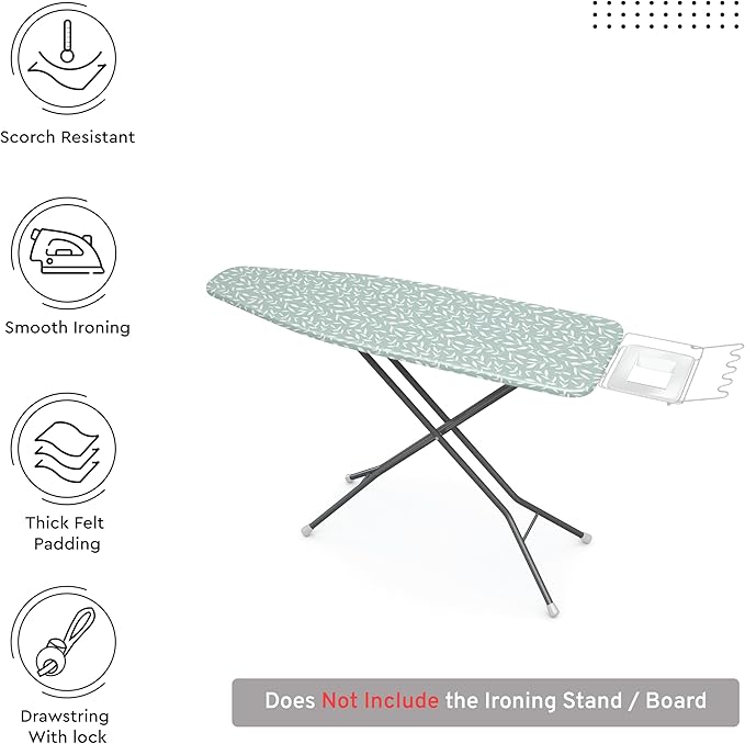 Encasa XO Ironing Board Cover and Pad 54"x15" - Thick 3mm Felt Padding, Drawstring Tightening & Lock, Easy Fit, Scorch & Stain Resistant, Fits Standard Large Ironing Board - Green Leaflet