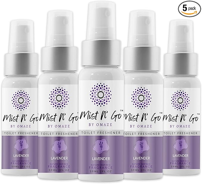 Mist N’ Go by Omaze Travel Bathroom Spray for Toilet Spray Odor Eliminator - Travel Toilet Spray for Bathroom Air Freshener Spray for Bathroom Deodorizer - Lavender Regular Size (2oz x5)
