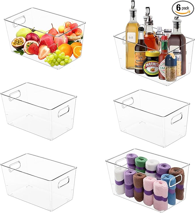 MOONEDGE 6-Pack Clear Plastic Storage Bins — Open-Top PET Storage Containers & Organizers, 11" x 8" x 6" Storage Bins for Closet, Pantry, Office, Craft, Toy and Bathroom Organization