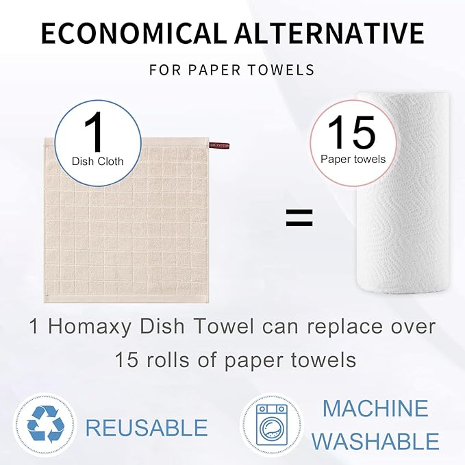 Homaxy 100% Cotton Terry Kitchen Dish Cloths, Ultra Soft and Absorbent Dish Towels for Kitchen, Suitable for Drying and Washing Dishes, 6 Pack, 12 x 12 Inches, Beige