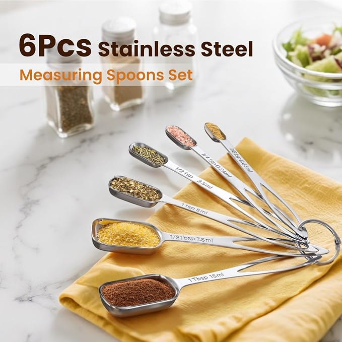 6PCS Narrow Measuring Spoons Set, Stainless Steel Measuring Spoon Fits in Spice Jars, Metal Teaspoon Measuring Spoons, Rectangular Tablespoon, Long Measuring Spoons for Dry & Liquid Ingredients