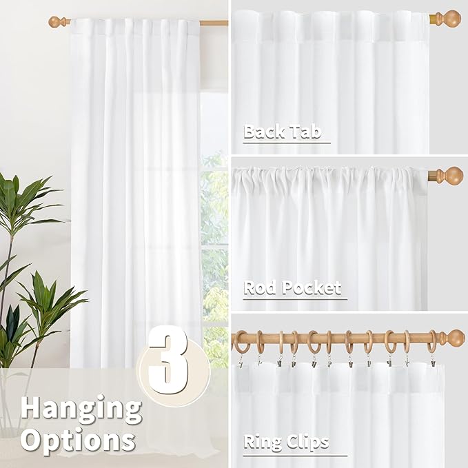 YoungsTex White Linen Cafe Curtains 36 Inch Length 2 Panels - Short Drapes Semi Sheer with Rod Pocket Back Tab Lightweight for Bathroom Kitchen Windows Over Sink, 42 X 36 Inch