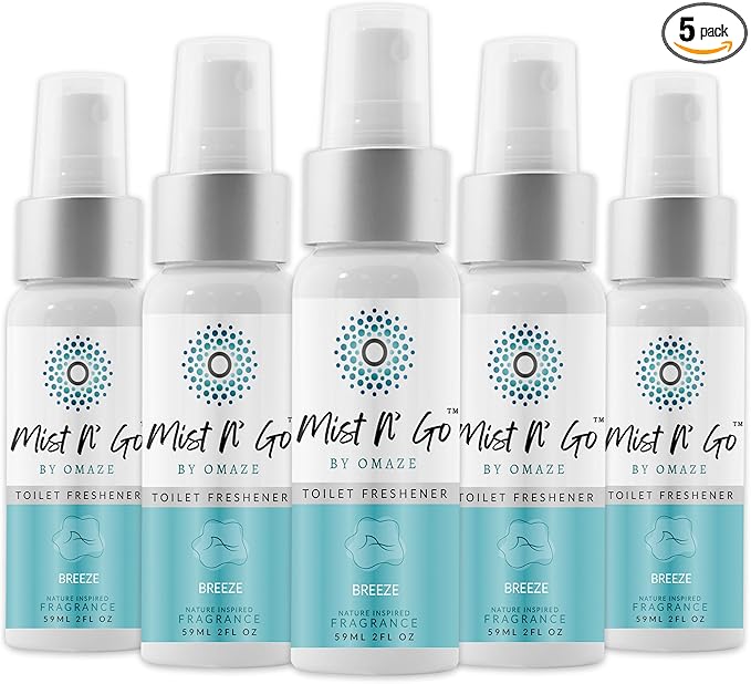 Mist N’ Go by Omaze Travel Bathroom Spray for Toilet Spray Odor Eliminator - Travel Toilet Spray for Bathroom Air Freshener Spray for Bathroom Deodorizer - Breeze Regular Size (2oz x5)