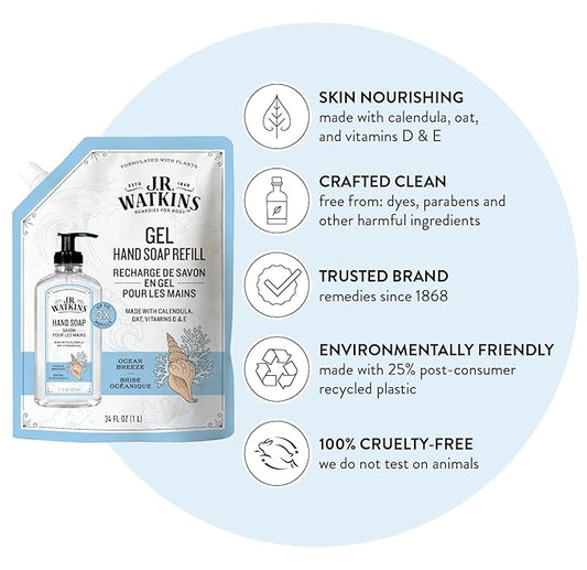 J.R. Watkins Gel Hand Soap Refill Pouch, Scented Liquid Hand Wash for Bathroom or Kitchen, USA Made and Cruelty Free, 34 fl oz, Ocean Breeze, 6 Pack