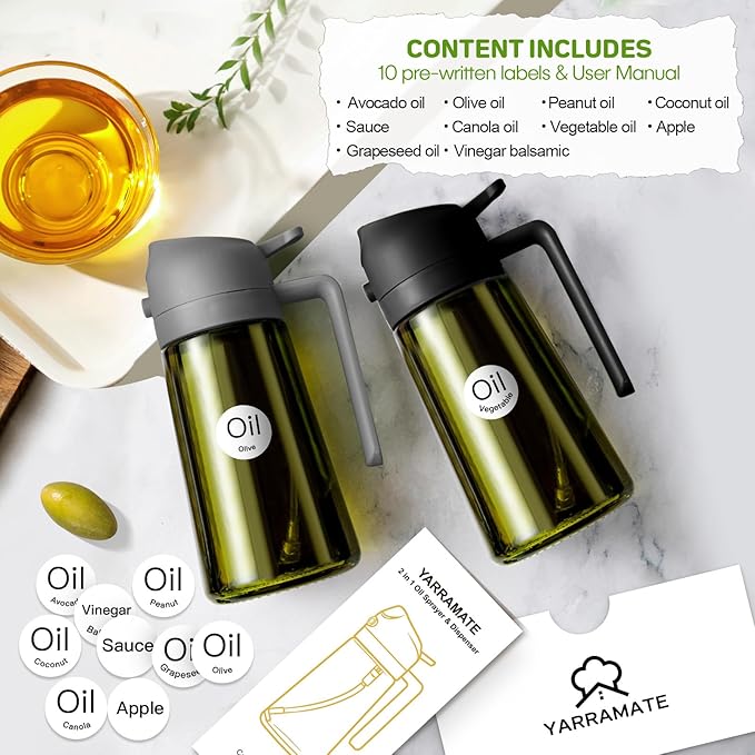 YARRAMATE 16oz/470ml Dark Green Oil Sprayer for Cooking with Stickers, Food-grade Premium 2 in 1 Olive Oil Dispenser Bottle for Kitchen Gadgets, Air Fryer, Salad, Frying, BBQ (Grey)