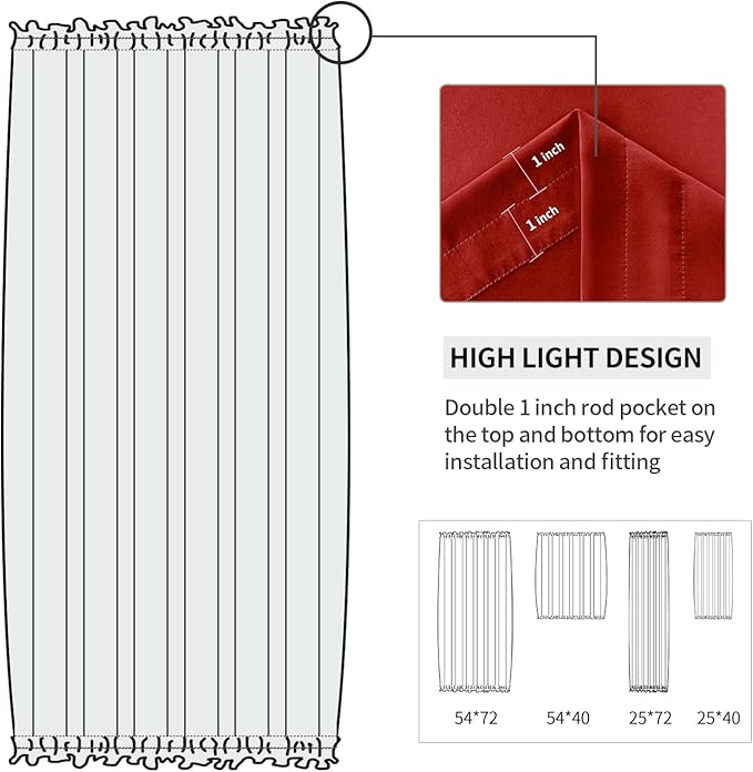 DWCN French Door Curtains – Rod Pocket Thermal Blackout Curtain for Doors with Glass Window, Christmas, Kitchen and Patio Doors for Privacy, 54 X 72 Inches Long, 1 Curtain Panel with Tieback, Red