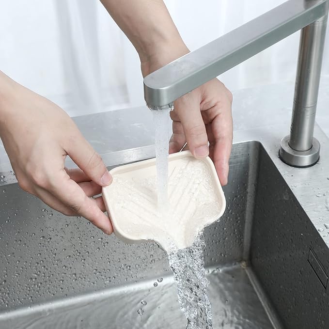 Silicone Bathroom Soap Dishes with Drain Spout-Bathroom and Kitchen Sink Organizer,Sponge Holder,Dish Soap Tray,Perfect for Dispenser,Scrubber,Bottle,Cup on Sink or Counter-Tapioca 4.9"×3.2"