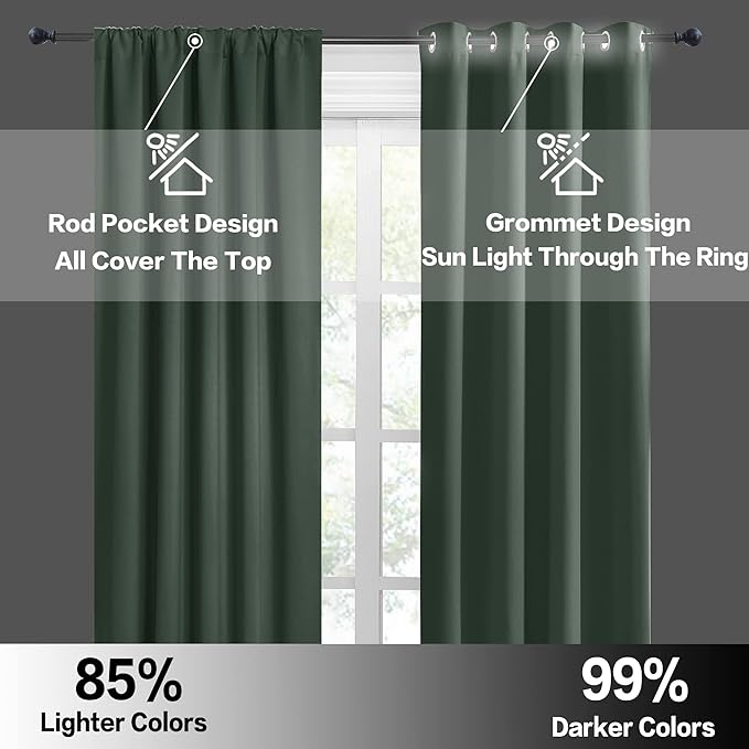 RYB HOME Room Darkening Curtains 84 inches Length 2 Panels Set, Extra Wide Privacy Assured Blackout Window Covers Thermal Insulated Rod Pocket Drapes for Living Room, 70 x 84 inch, Dark Green