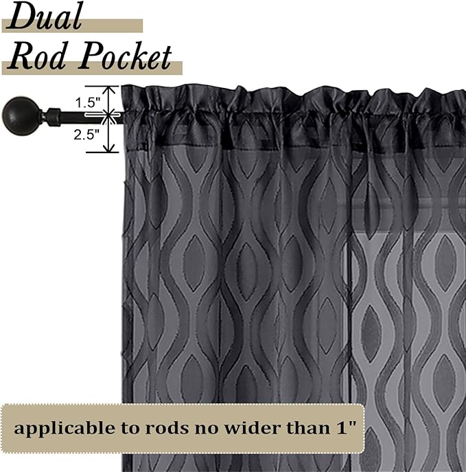 Aiyufeng Sheer Curtains 54 Inch Length 2 Panels, Soft Lightweight Clip Jacquard Textured Black Curtains for Bedroom Living Room, Modern Wavy Line Solid Voile Sheer Drapes, 40" Wx54 L Inches