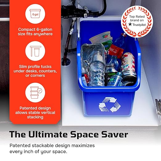 Multi Bin Recycling System with Nine Stackable 6 Gallon Recycle Bins to Build Your Recycling Center for Offices, Kitchen, Garages, Businesses (9 Pack, Blue/Yellow/Green)