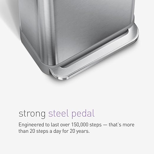 simplehuman 45 Liter / 12 Gallon Liter Rectangular Hands-Free Kitchen Step Trash Can with Soft-Close Lid, Brushed Stainless Steel with Plastic Lid