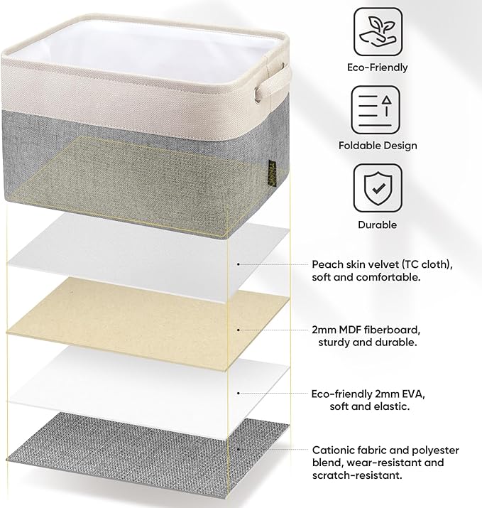 BALEINE 3 Pack Fabric Storage Bins for Shelves, Linen Storage Baskets for Organizing, Decorative Closet Bins for Clothes, Home (Grey, 15"x11"x9.5")