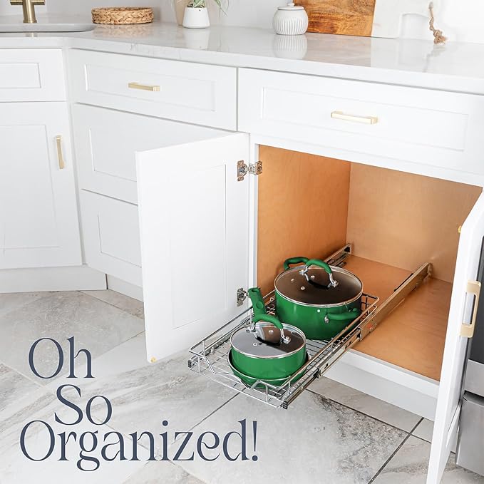 HOLDN’ STORAGE Pull Out Cabinet Organizer, Heavy Duty Caddy w/Lifetime Limited Warranty -11”W x 21”D - Requires At Least 12-1/4” Cabinet Opening, Steel Metal Cabinet Drawers Slide Out, Chrome