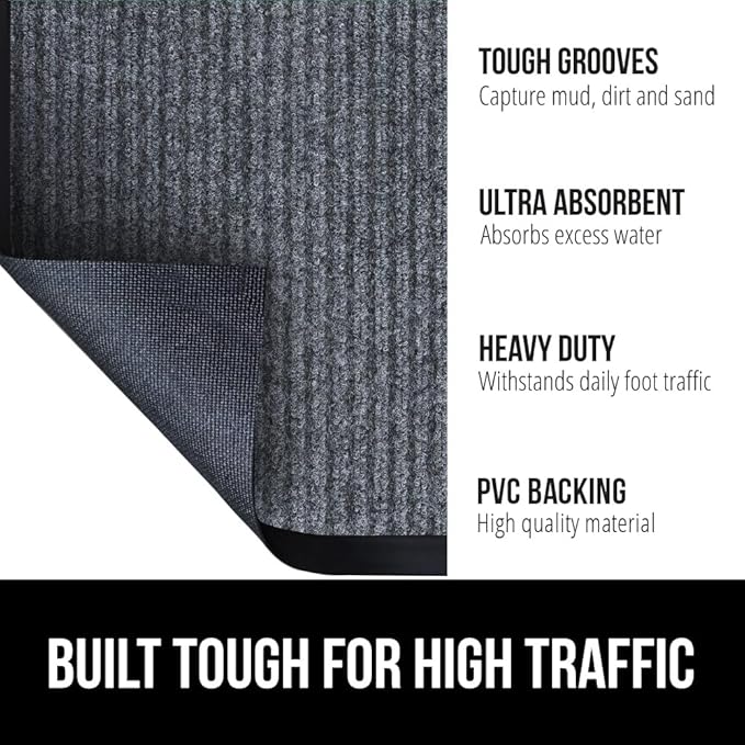 GORILLA GRIP Traffic Guard Door Mat, 60x36, Heavy Duty Welcome Mats, Commercial Office Space Doormat, Waterproof, Fade Resistant, Strong Rubber Backing, Low Profile, Shoe and Boot Scraper, Gray