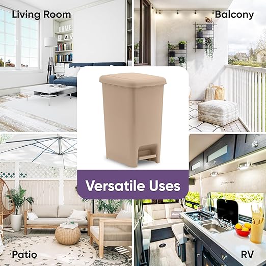 Superio 2.5 Gal Slim Step On Pedal Plastic Trash Can, Waste Bin for Under Desk, Office, Bedroom, Bathroom- 10 Qt, Beige