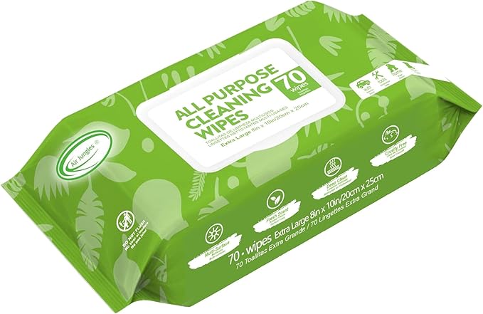 Air Jungles All Purpose Car and Home Cleaning Wipes 70 Count, Extra Large 8" x 10" Heavy Duty for Car Interior Vinyl, Kitchen, Bathroom, Furniture, Tool