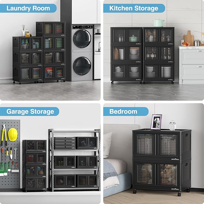 BROVIEW 600 Qt Stackable Storage Bins with Lids & Doors, 6 Pack Plastic Closet Organizer and Storage Drawers with Wheels, Large Collapsible Storage Boxes, Cabinet for Home, Office, V10, Black