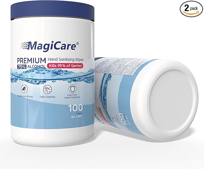 MagiCare 75% Large Alcohol Wipes (2 Canisters) - Hand Sanitizing Wipes - Hand Sanitizer Wipe, Unscented, Premium - Home, Classroom, Camping - 2, 100ct Canisters (200pcs)