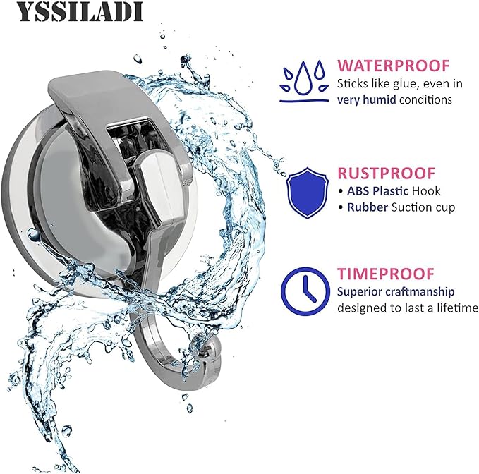 Heavy Duty Suction Cup Hooks for Shower, Bathroom Robe - Vacuum Glass Hooks, Reusable, No Hole Punched, for Garland Decoration (Silver, 2 Pack)