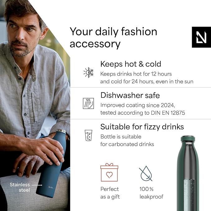 LARS NYSØM Stainless Steel Insulated Water Bottle 12oz 17oz 25oz 34oz 51oz | Insulated Thermo Flask for Hot and Cold Beverages | Leakproof Drinking Bottle (Pine Green, 33.9oz)