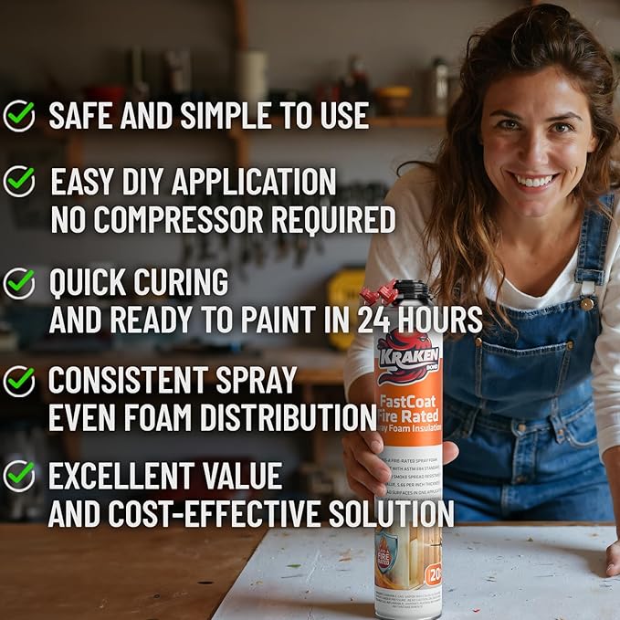 Kraken Bond Fastcoat Fire Rated Spray Foam Insulation Kit Closed Cell in a Can 120 sq ft (6x27.1 oz.) (R-Value 11.32 / 2in) - Spray Foam for Garage Door, Attic, Wall Gun & Cleaner Included, 6 Pack