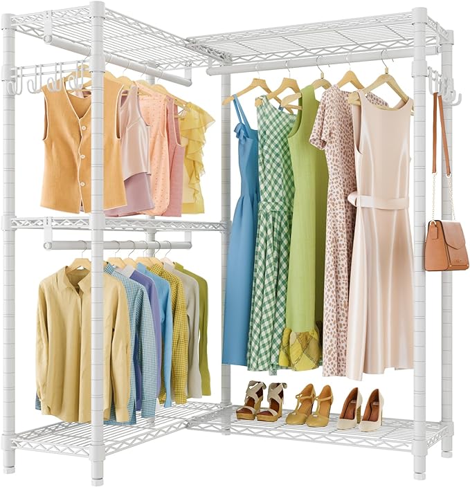 VIPEK L4 Garment Rack L Shaped Clothes Rack for Corner, Freestanding Portable Wardrobe Closet Heavy Duty Clothing Rack with 3 Hanging Rods & 2 Side Hooks, 43.3"Lx29.1"Wx76.4"H, Max Load 810LBS, White