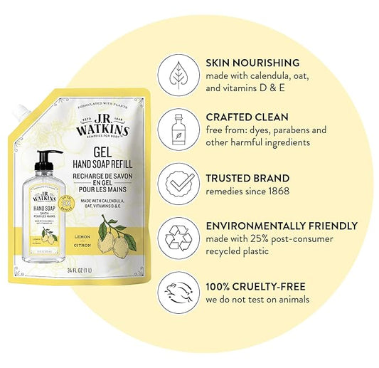J.R. Watkins Gel Hand Soap Refill Pouch, Scented Liquid Hand Wash for Bathroom or Kitchen, USA Made and Cruelty Free, 34 fl oz, Lemon, 6 Pack