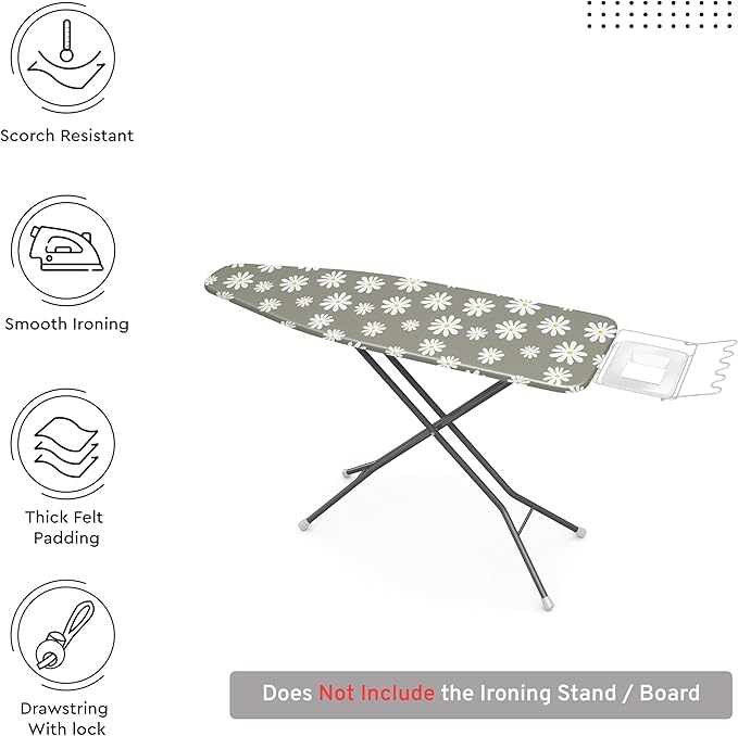 Encasa XO Ironing Board Cover and Pad 54"x15" - Thick 3mm Felt Padding, Drawstring Tightening & Lock, Easy Fit, Scorch & Stain Resistant, Fits Standard Large Ironing Board - Daisy Grey