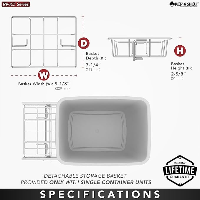 Rev-A-Shelf Pullout Trash Can for Kitchen Cabinets 35 Quart Garbage Waste Recycling Bin with Full Extension Slides, White, RV-12KD-11C