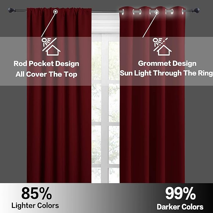 RYB HOME Blackout Curtains 63 inches Long - Energy Saving Insulation Large Window Curtain Blinds for Bedroom Living Room Dining Basement Home Office, W 62 x L 63 per Panel, Burgundy Red, 2 Pcs